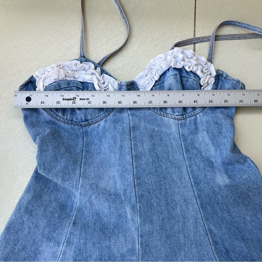 Y2K 90s New Age Code Blue Denim Short Babydoll Overalls With Lace Size Small - Picture 7 of 9
